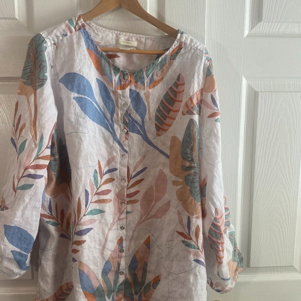 100% Linen 2X white Tropical Floral Botanical Button-down tunic Anthropologie
